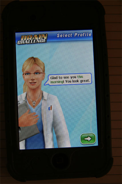 Screenshot of an iPod game with female doctor saying "You look great."