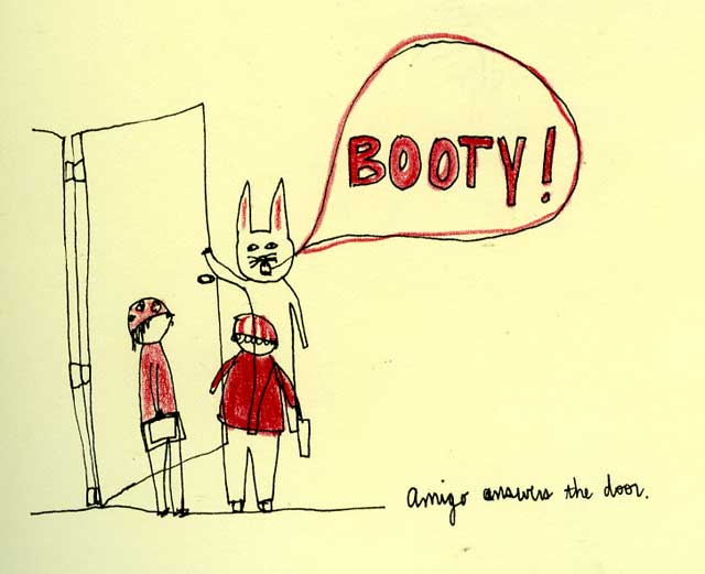 A rabbit opens the door and shouts, "Booty!" to two kids standing there.