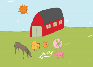 Farm animals gather around the chalk outline of a four-legged animal with barn and sun in background