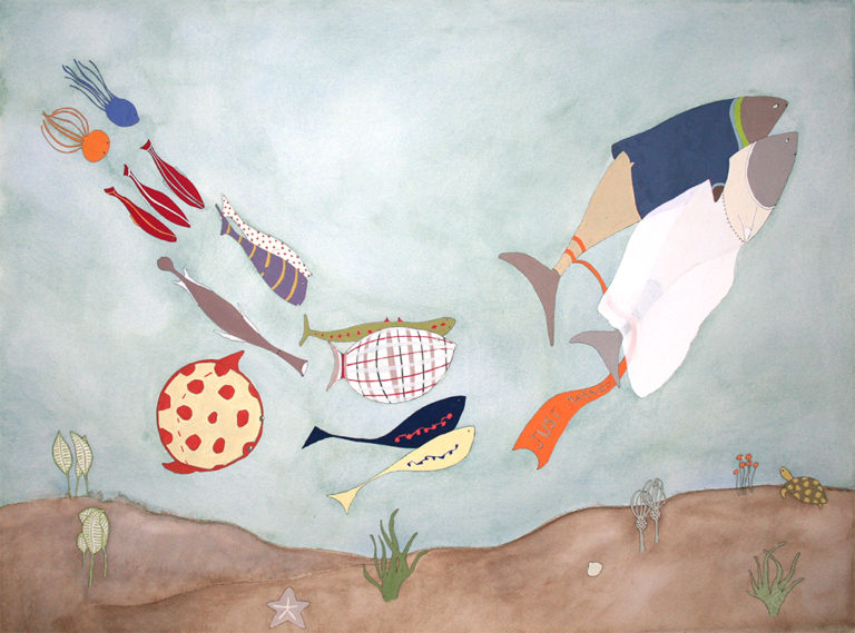 Gouache and watercolor painting of two fish getting married, trailed by their fish friends