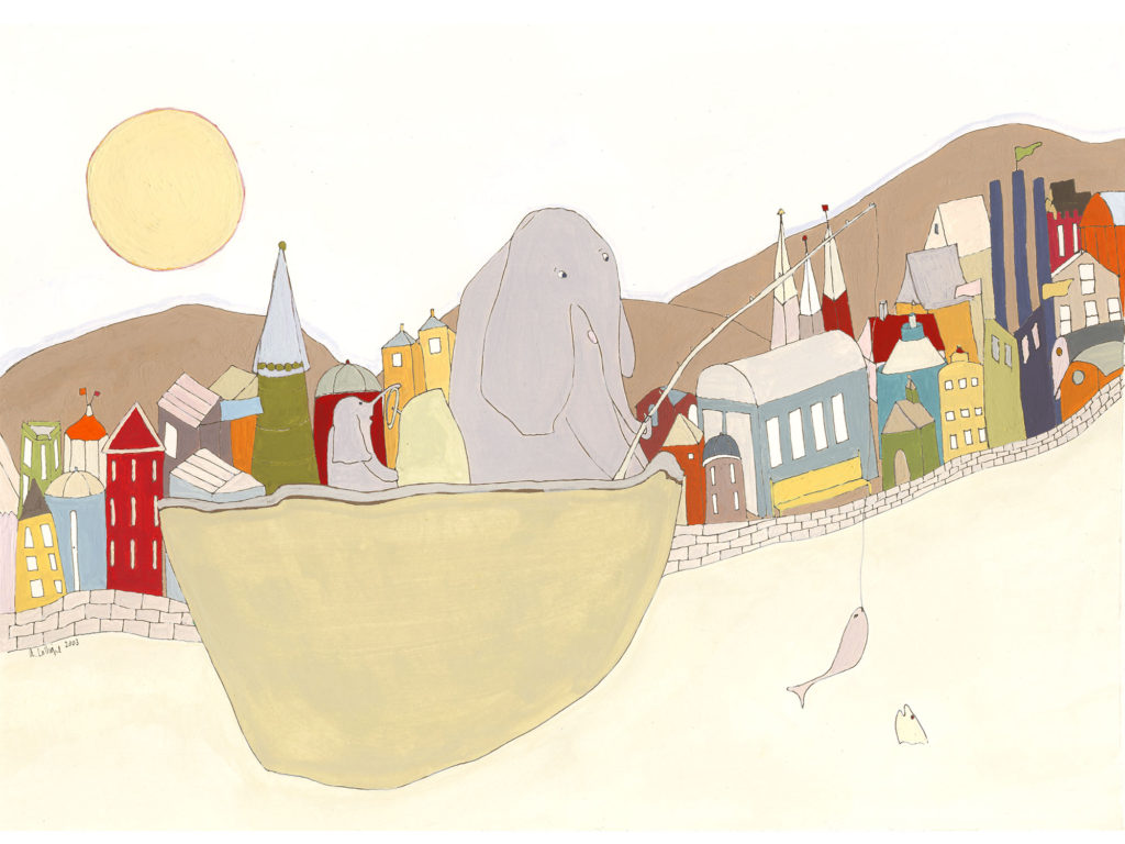Painting of elephants in a boat fishing with a medieval town in the background.