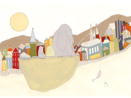 Painting of elephants in a boat fishing with a medieval town in the background.
