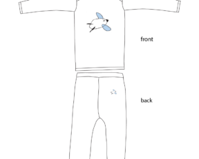 Line drawing oh two piece outfit with moouse/cat