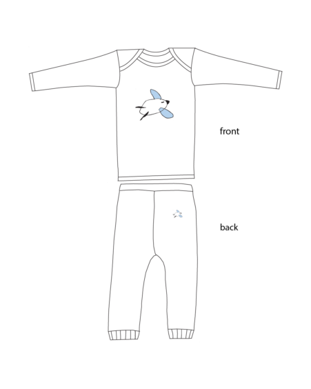 Line drawing oh two piece outfit with moouse/cat